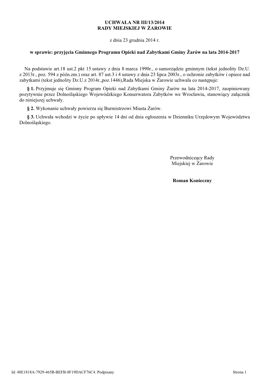 Uchwała Nr Iii/13/2014 Rady Miejskiej W Żarowie