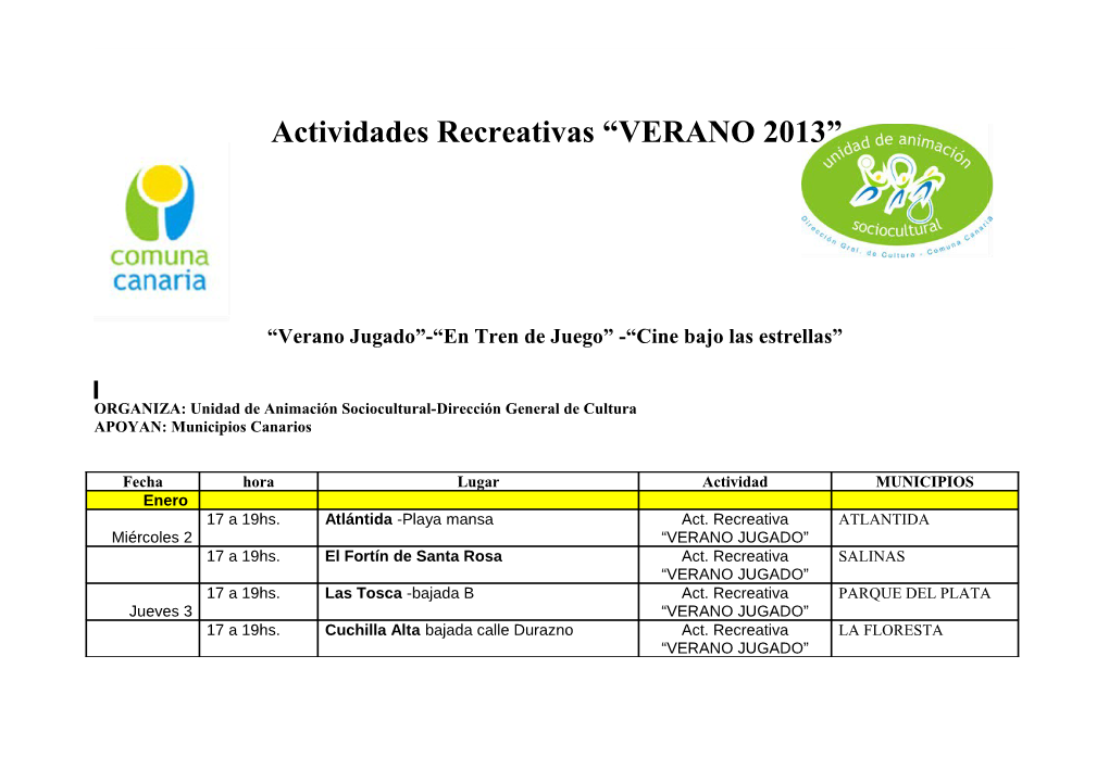 Actividades Recreativas “VERANO 2013”