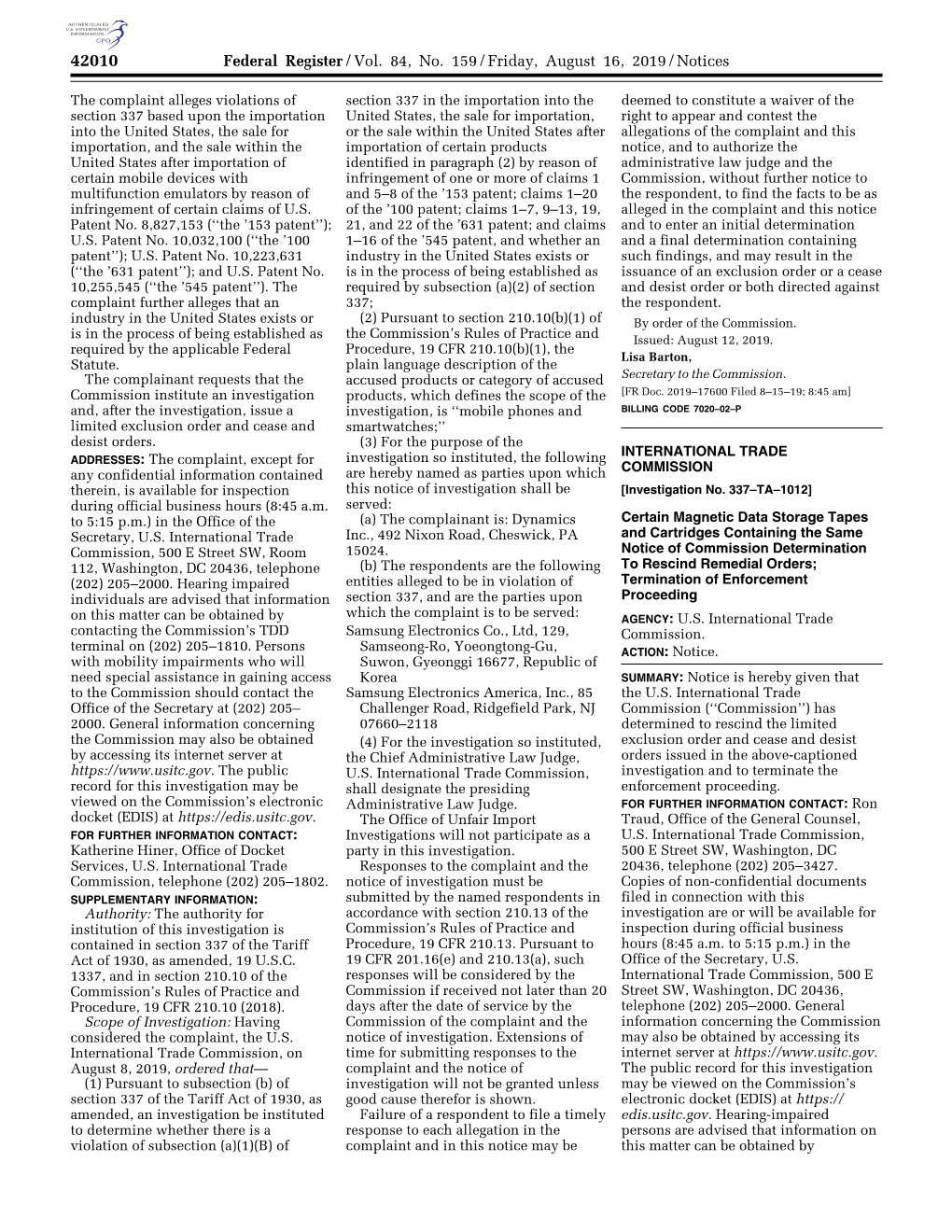 Federal Register/Vol. 84, No. 159/Friday, August 16, 2019/Notices