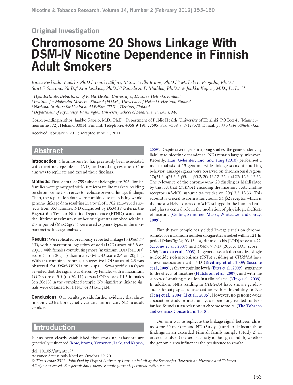 Chromosome 20 Shows Linkage with DSM-IV Nicotine Dependence in Finnish Adult Smokers