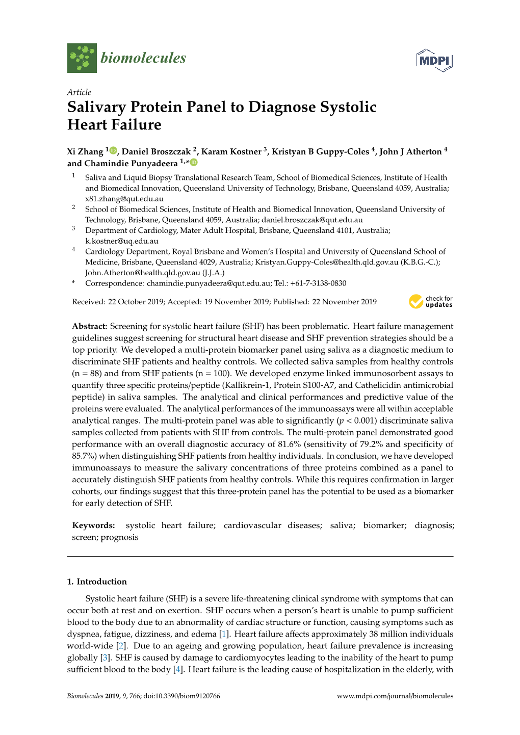 Salivary Protein Panel to Diagnose Systolic Heart Failure