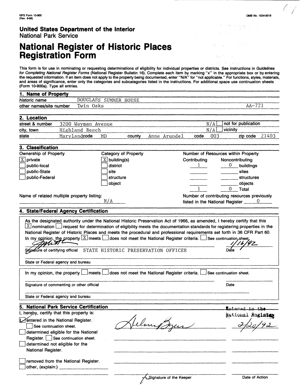 National Register of Historic Places Continuation Sheet Douglass Summer House AA-721 Anne Arundel County Maryland Section Number ? Page 1