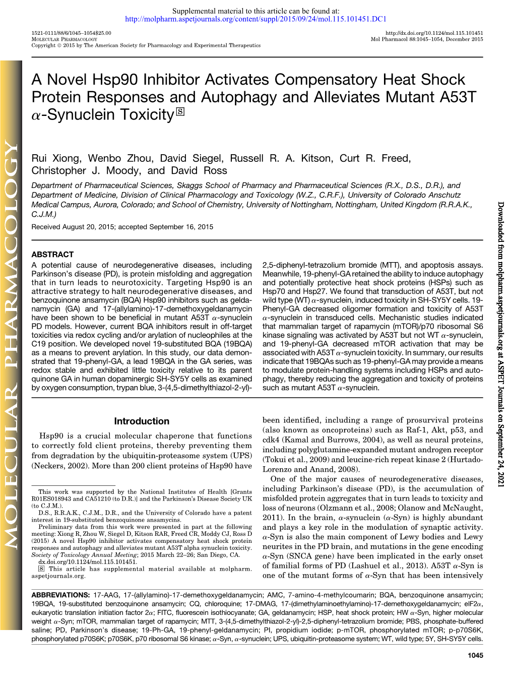 A Novel Hsp90 Inhibitor Activates Compensatory Heat Shock Protein Responses and Autophagy and Alleviates Mutant A53T A-Synuclein Toxicity S