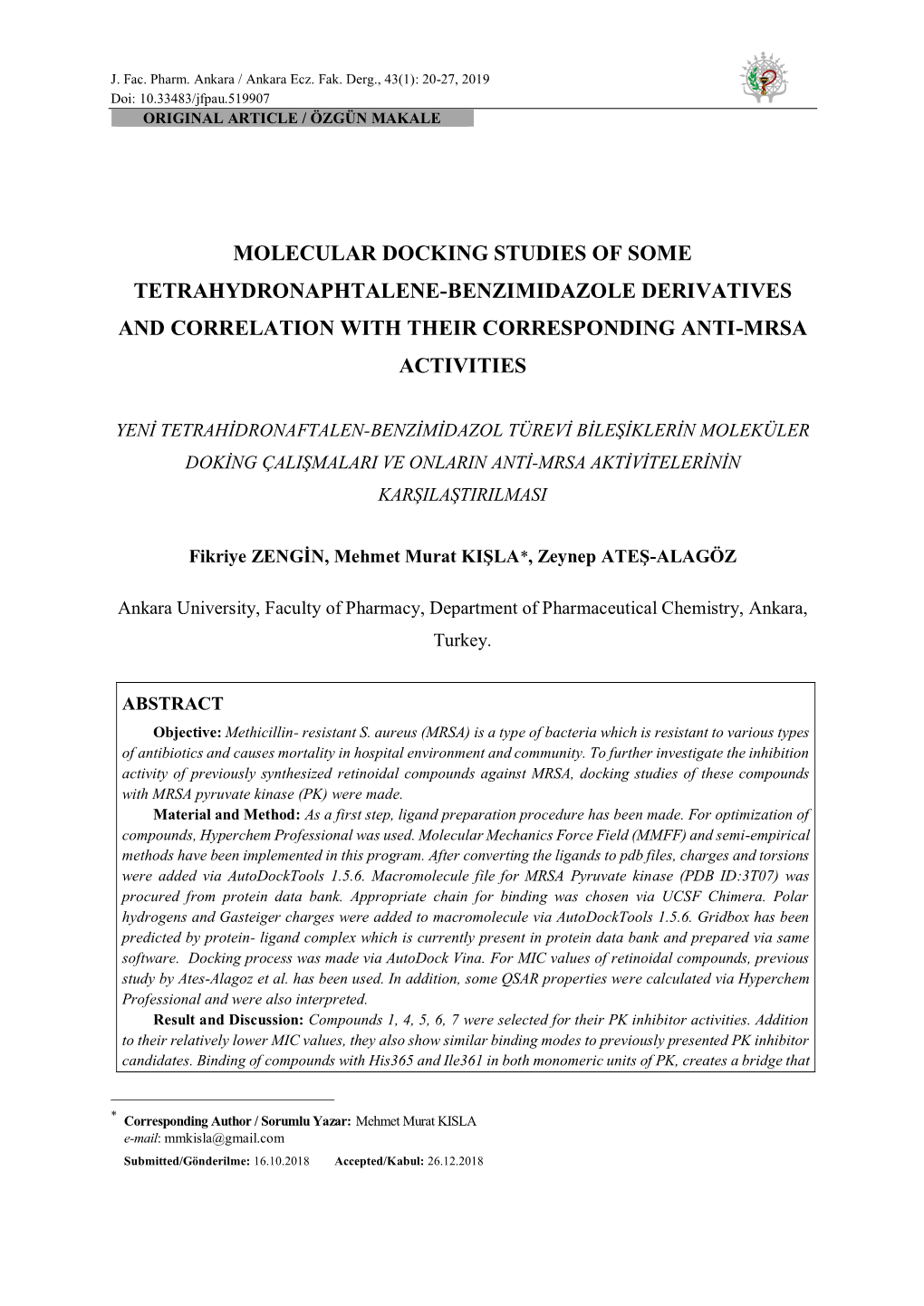 Molecular Docking Studies of Some Tetrahydronaphtalene-Benzimidazole Derivatives and Correlation with Their Corresponding Anti-Mrsa Activities