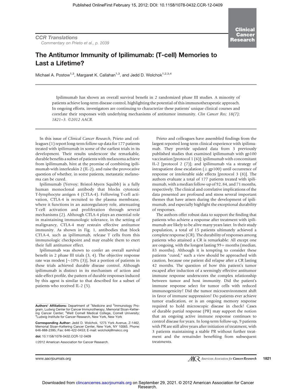 The Antitumor Immunity of Ipilimumab: (T-Cell) Memories to Last a Lifetime?