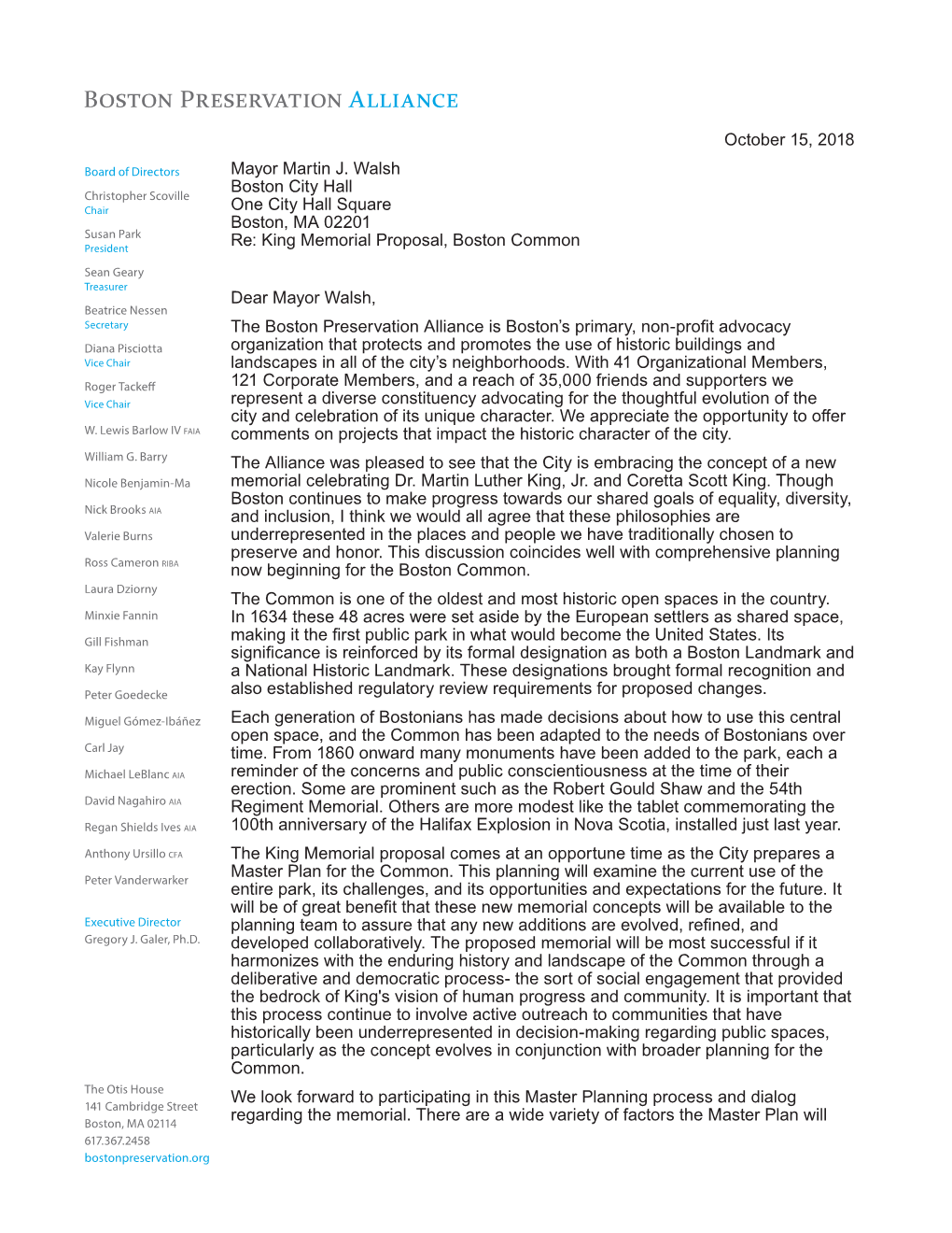 Boston Preservation Alliance Letter Mayor Walsh Re King Memorial On