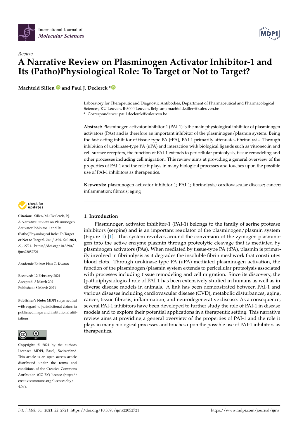 A Narrative Review on Plasminogen Activator Inhibitor-1 and Its (Patho)Physiological Role: to Target Or Not to Target?