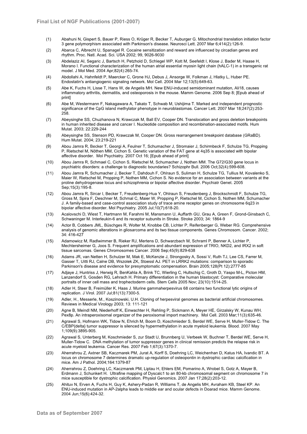 Final List of NGF Publications (2001-2007)