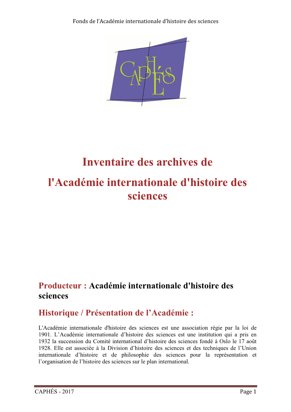 Archives De L'académie Internationale D'histoire Des Sciences