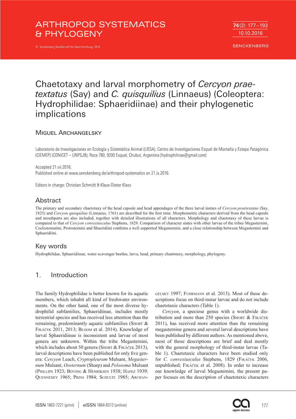 Chaetotaxy and Larval Morphometry of Cercyon Praetextatus