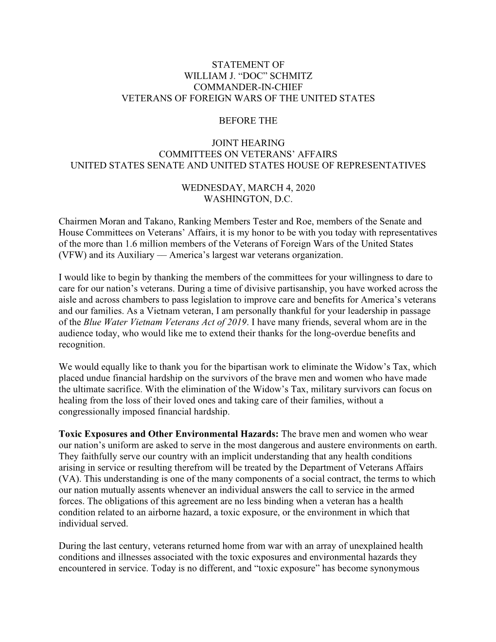 Statement of William J. “Doc” Schmitz Commander-In-Chief Veterans of Foreign Wars of the United States Before the Joint Hear