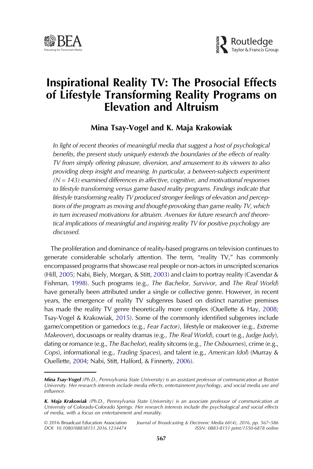 Inspirational Reality TV: the Prosocial Effects of Lifestyle Transforming Reality Programs on Elevation and Altruism