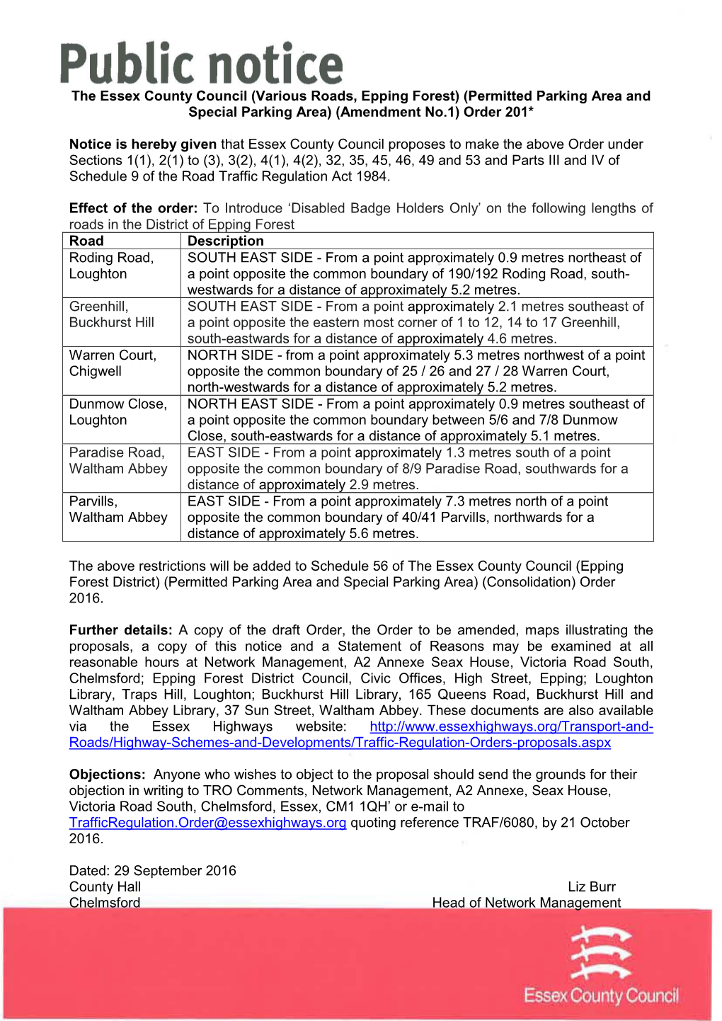 (Various Roads, Epping Forest) (Permitted Parking Area and Special Parking Area) (Amendment No.1) Order 201*