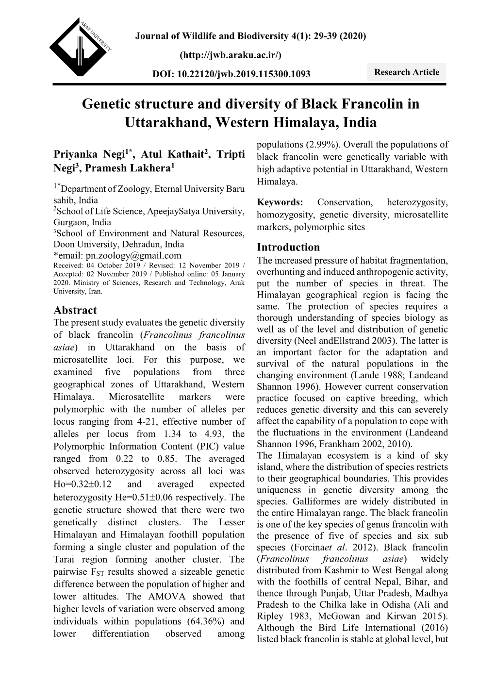 Genetic Structure and Diversity of Black Francolin in Uttarakhand, Western Himalaya, India