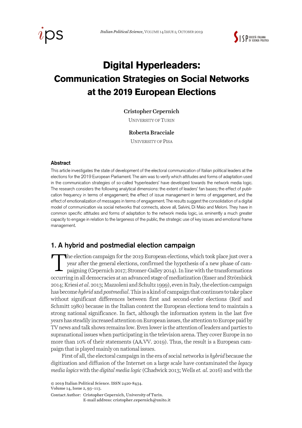 Digital Hyperleaders: Communication Strategies on Social Networks at the 2019 European Elections