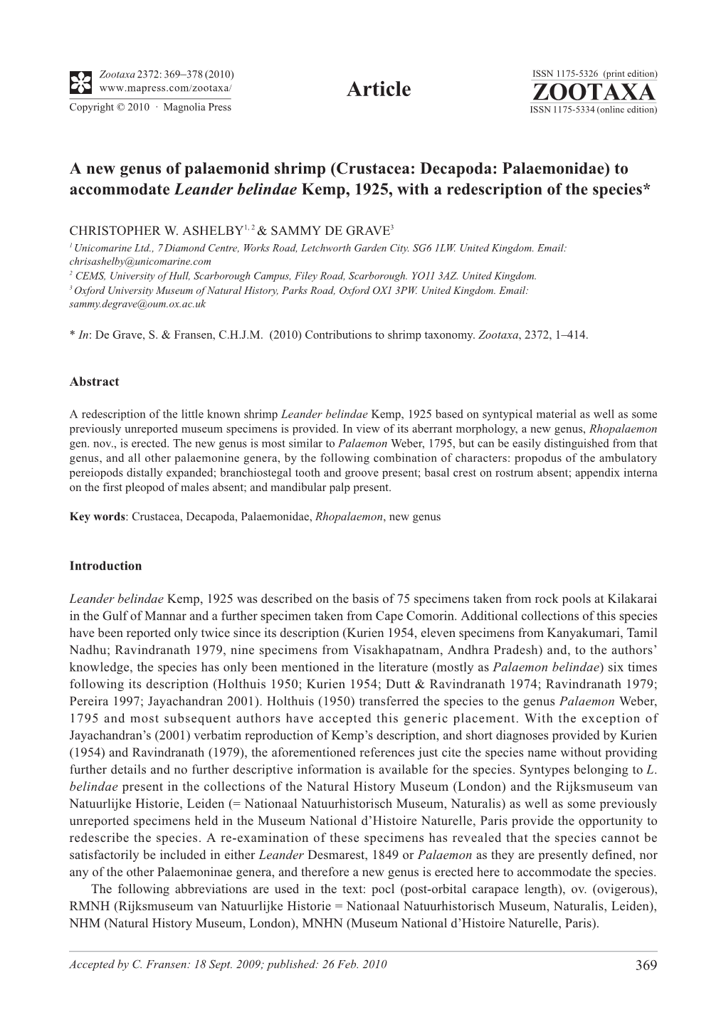 Zootaxa, a New Genus of Palaemonid Shrimp (Crustacea