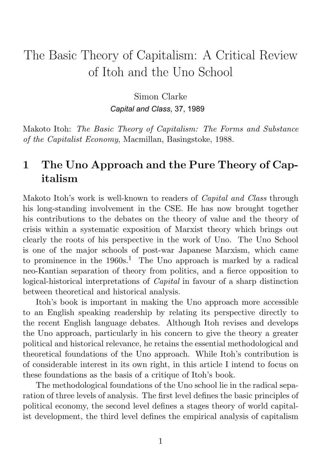 The Basic Theory of Capitalism: a Critical Review of Itoh and the Uno School