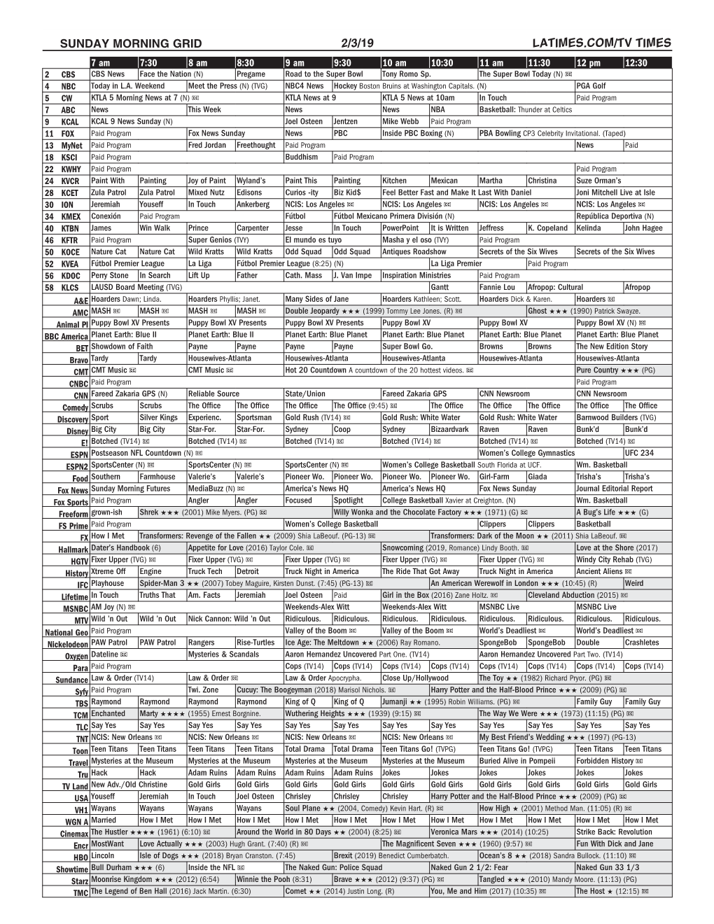 Sunday Morning Grid 2/3/19 Latimes.Com/Tv Times