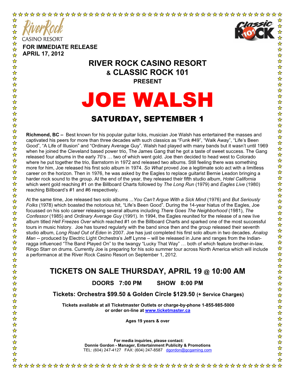 Joe Walsh Saturday, September 1