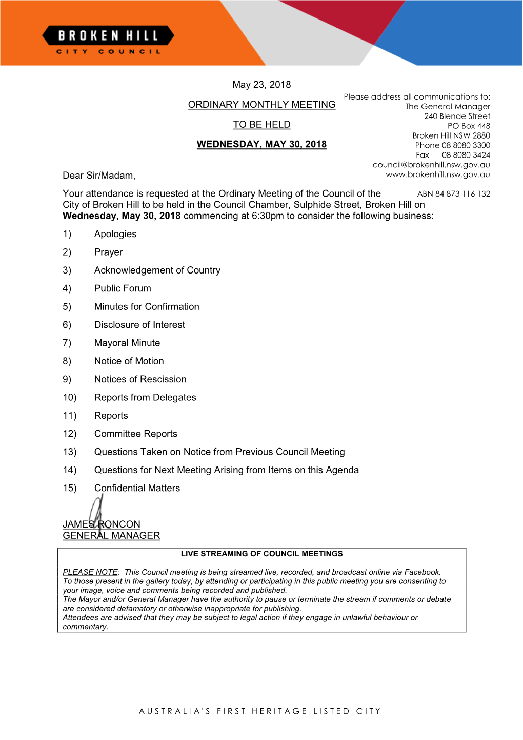 Agenda of Ordinary Meeting of the Council