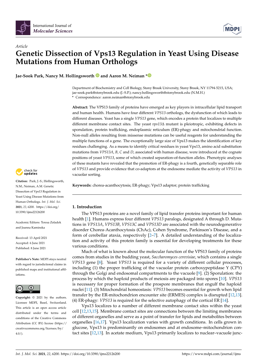 Genetic Dissection of Vps13 Regulation in Yeast Using Disease Mutations from Human Orthologs