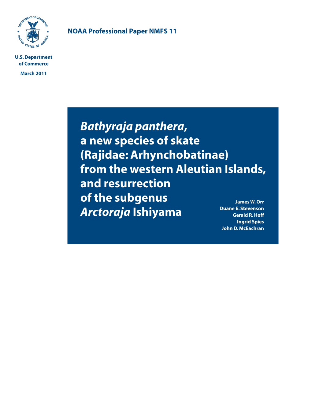 Bathyraja Panthera, a New Species of Skate (Rajidae: Arhynchobatinae) from the Western Aleutian Islands, and Resurrection