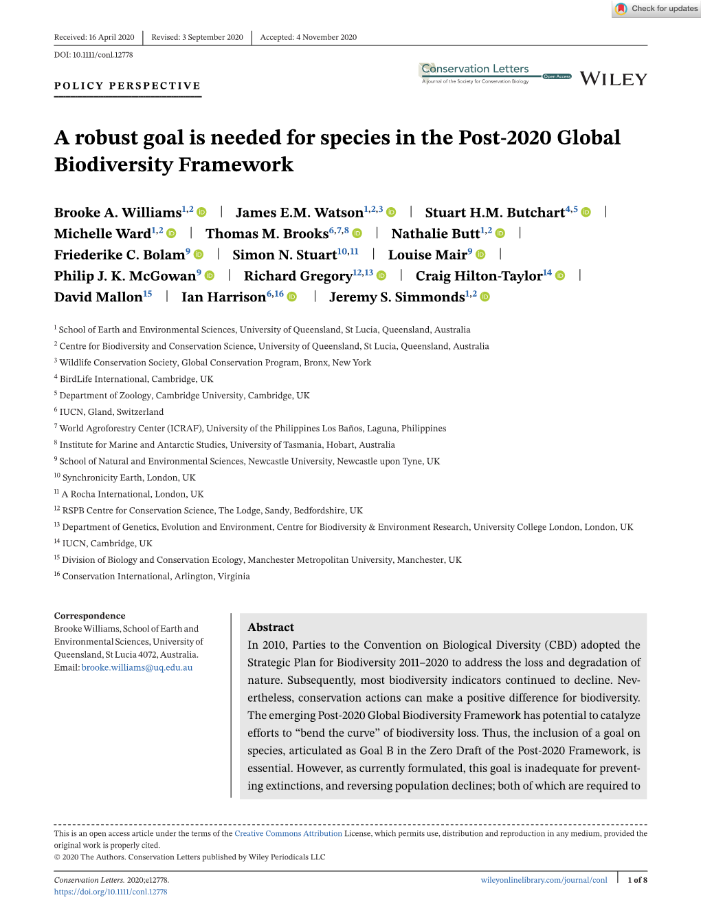 A Robust Goal Is Needed for Species in the Post‐2020 Global Biodiversity