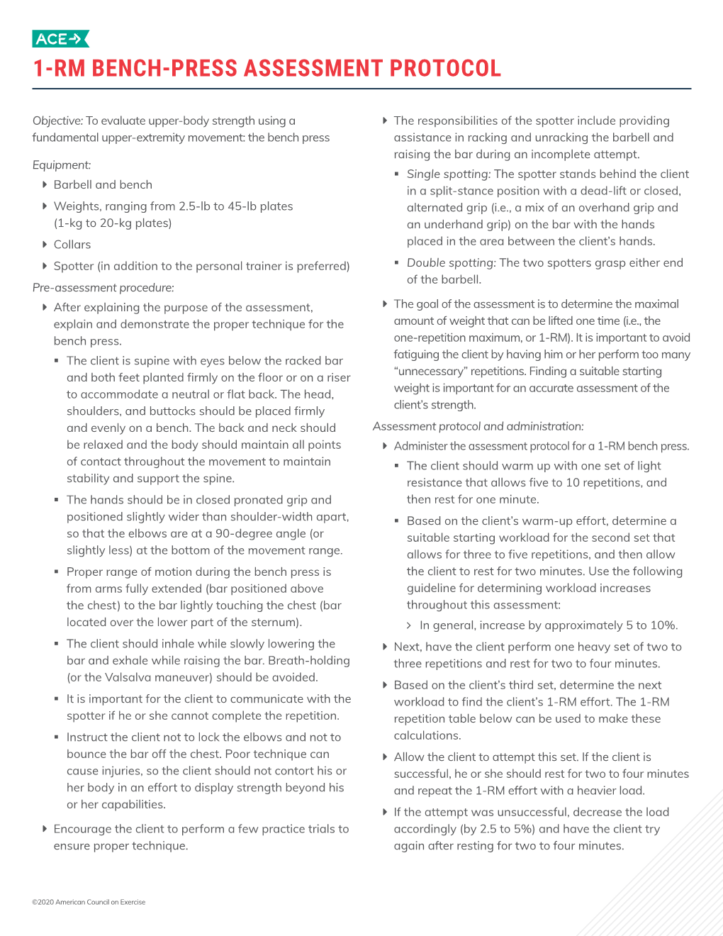 1-Rm Bench-Press Assessment Protocol