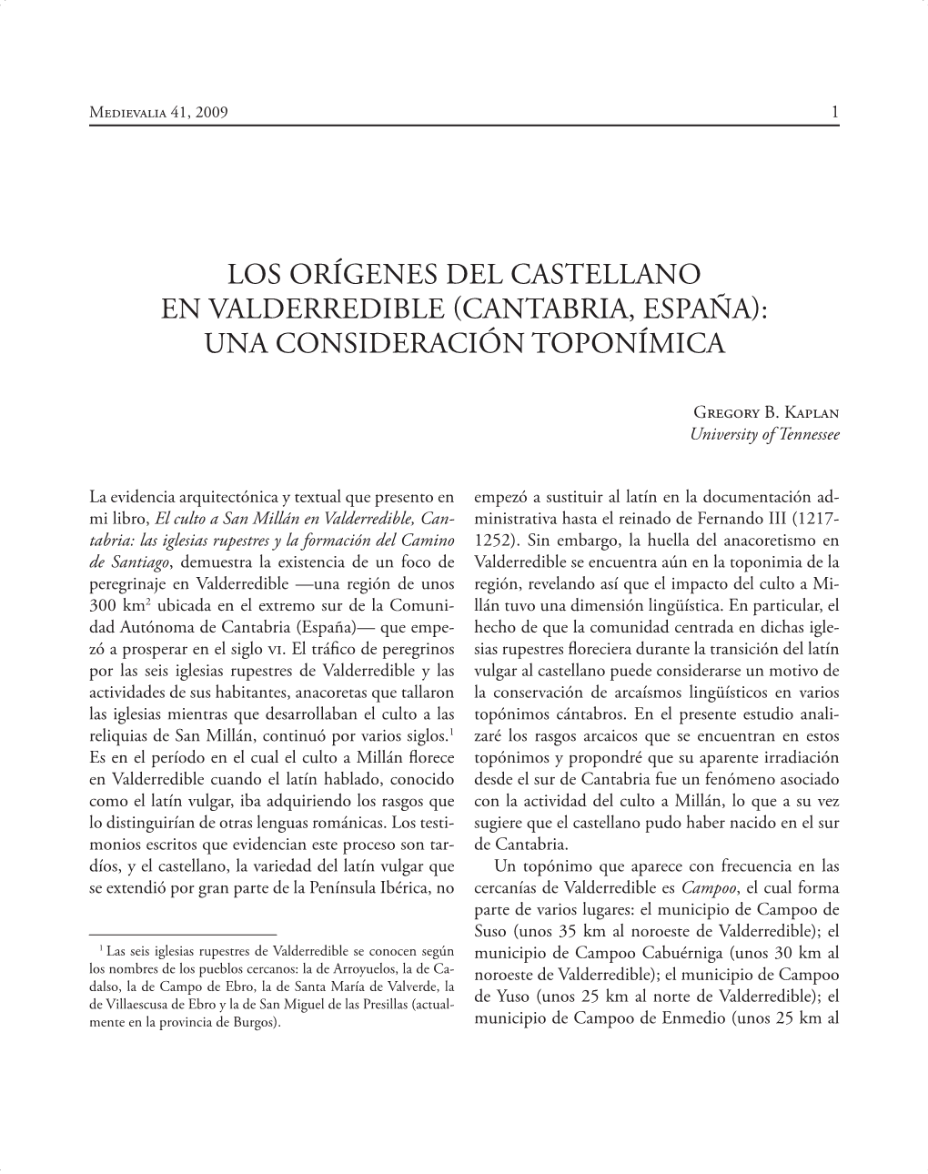 Los Orígenes Del Castellano En Valderredible (Cantabria, España): Una Consideración Toponímica