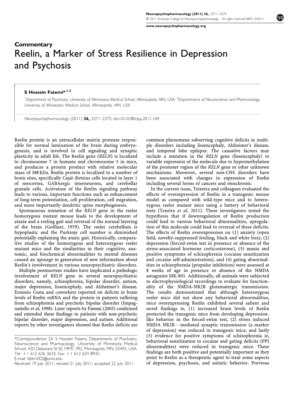 Reelin, a Marker of Stress Resilience in Depression and Psychosis