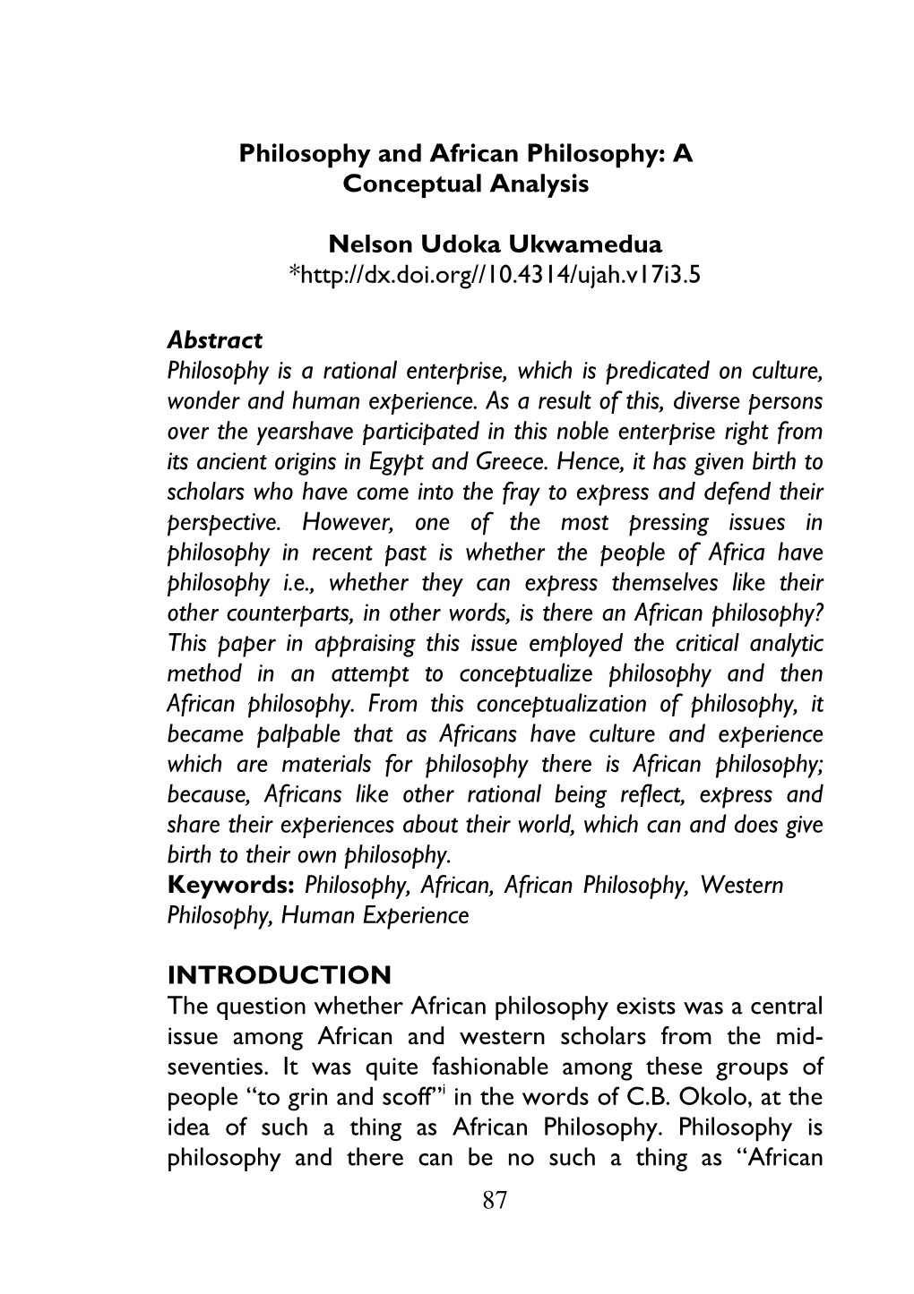 87 Philosophy and African Philosophy: A