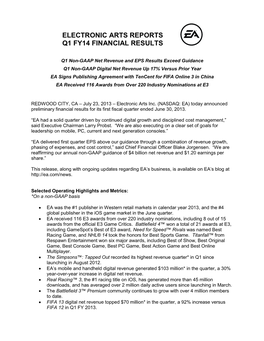 Electronic Arts Reports Q1 Fy14 Financial Results