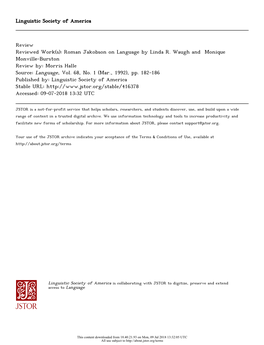 Roman Jakobson on Language by Linda R. Waugh and Monique Monville-Burston Review By: Morris Halle Source: Language, Vol