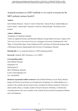 Acquired Resistance to a MET Antibody in Vivo Can Be Overcome by the MET Antibody Mixture Sym015