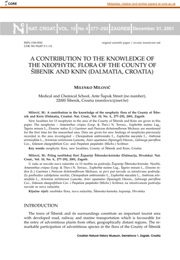 A Contribution to the Knowledge of the Neophytic Flora of the County of [Ibenik and Knin (Dalmatia, Croatia)