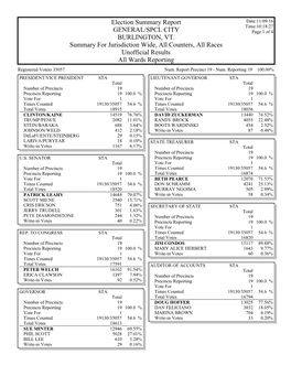 Election Summary Report Date:11/09/16 Time:10:18:27 GENERAL/SPCL CITY Page:1 of 4 BURLINGTON, VT