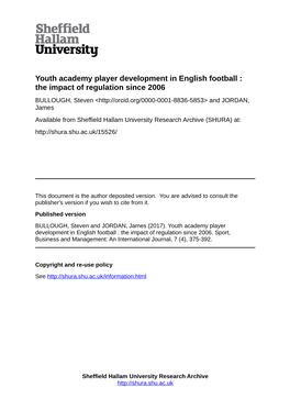Youth Academy Player Development in English Football : the Impact of Regulation Since 2006