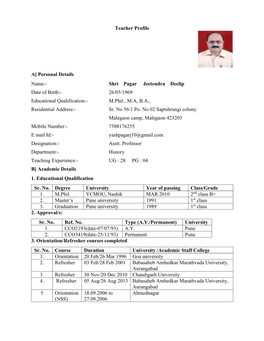 Teacher Profile A] Personal Details Name:- Shri Pagar Jeetendra