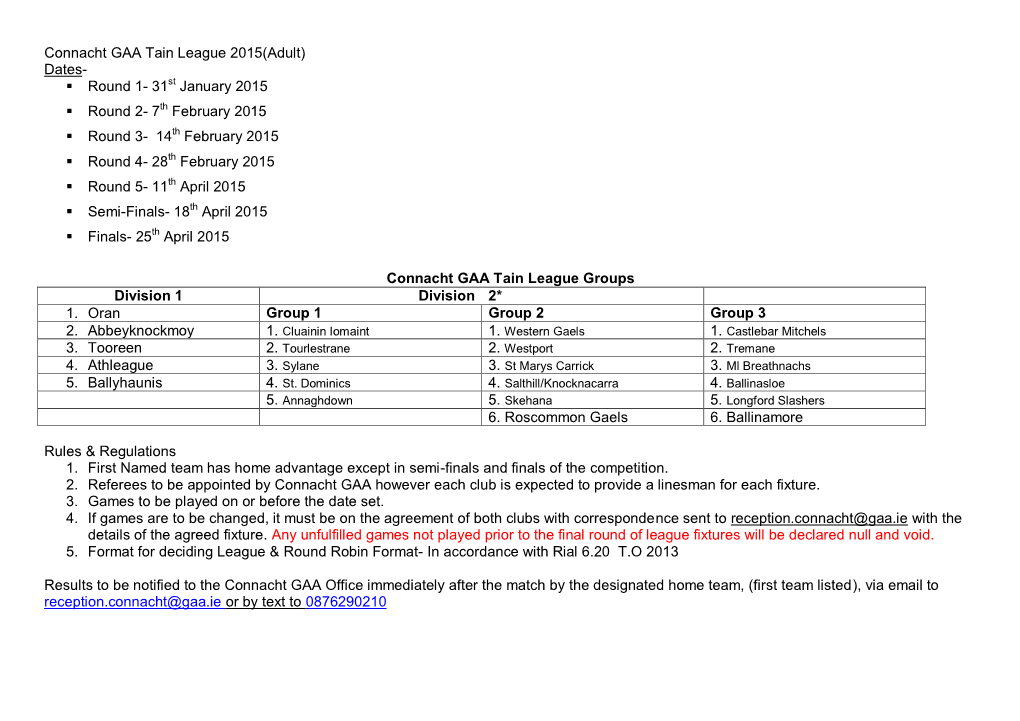 Connacht GAA Tain League 2015(Adult) Dates