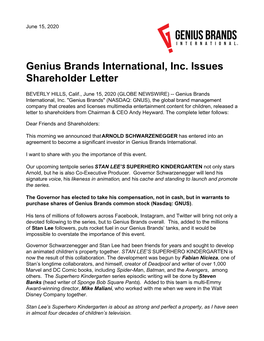 Genius Brands International, Inc. Issues Shareholder Letter