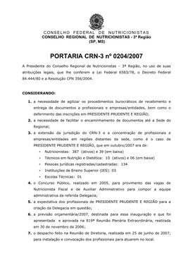 PORTARIA CRN-3 Nº 0204/2007
