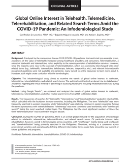 Global Online Interest in Telehealth, Telemedicine, Telerehabilitation, and Related Search Terms Amid the COVID-19 Pandemic: an Infodemiological Study