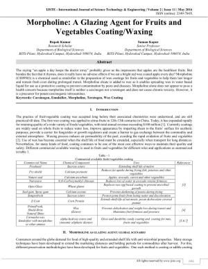 Morpholine: a Glazing Agent for Fruits and Vegetables Coating/Waxing (IJSTE/ Volume 2 / Issue 11 / 119) with Glazing Agent