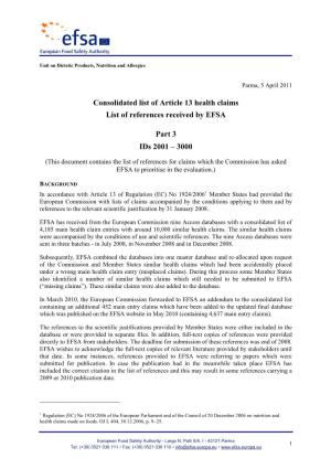 Consolidated List of Article 13 Health Claims List of References Received by EFSA