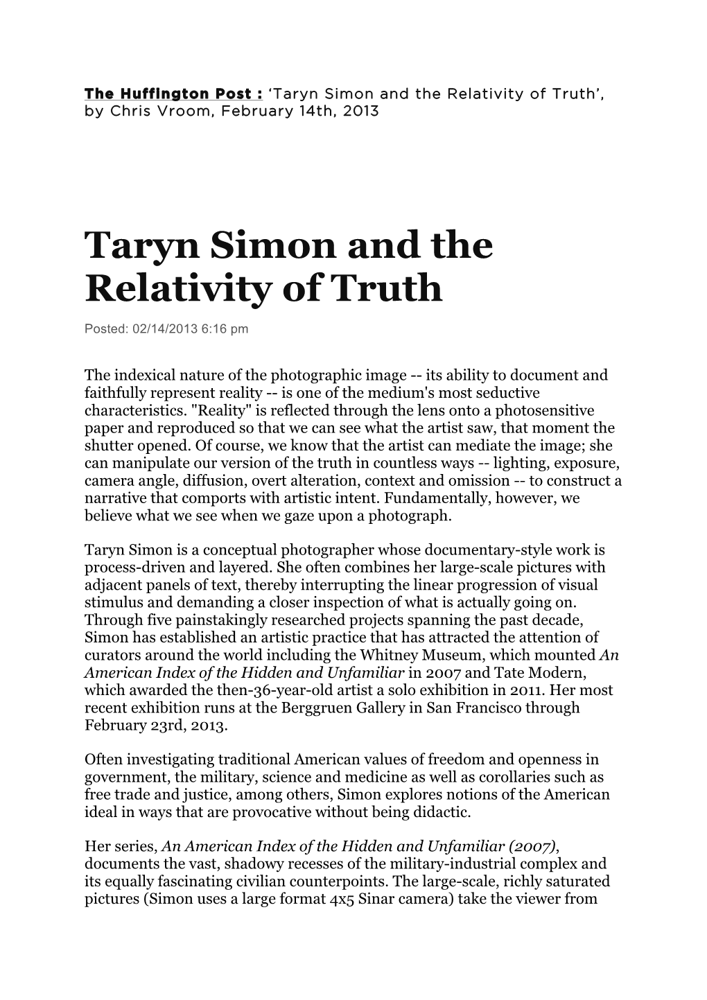 Taryn Simon and the Relativity of Truth’, by Chris Vroom, February 14Th, 2013