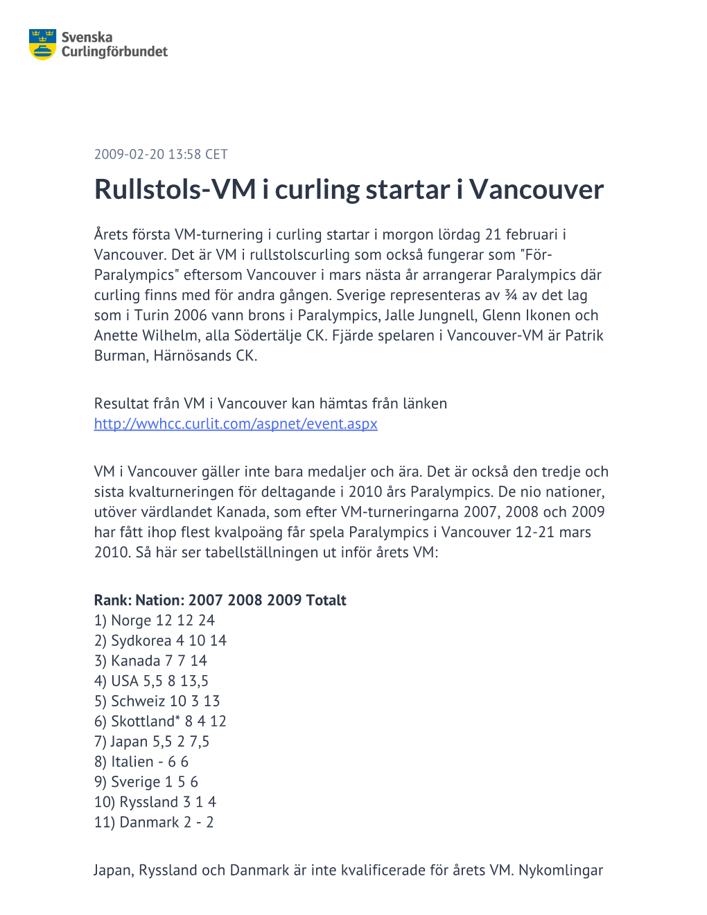 Rullstols-VM I Curling Startar I Vancouver
