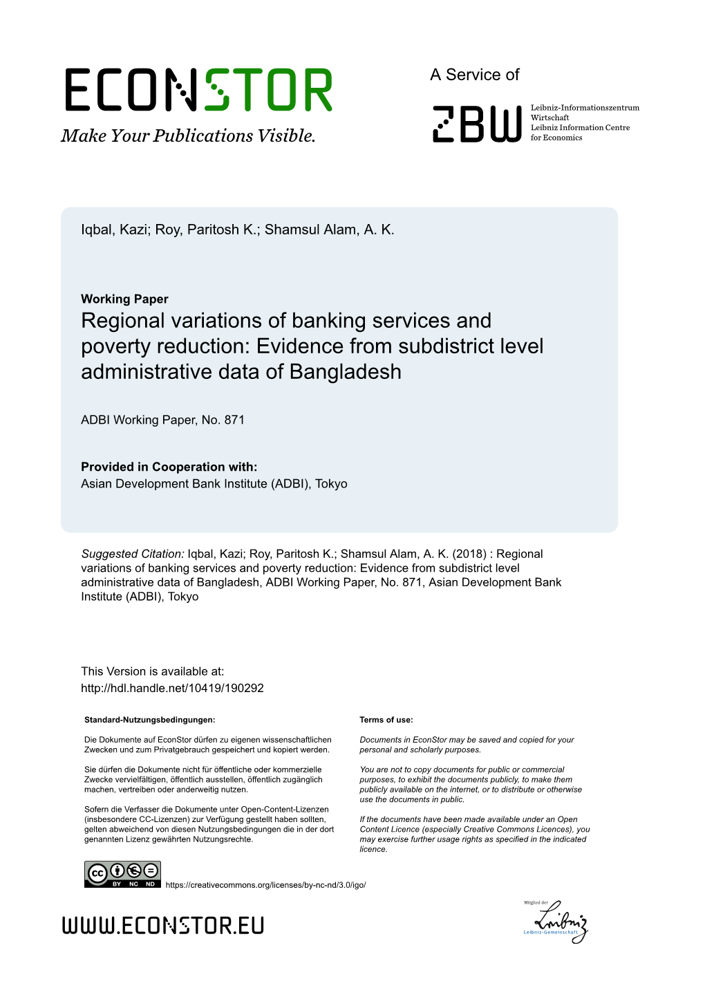 Regional Variations of Banking Services and Poverty Reduction: Evidence from Subdistrict Level Administrative Data of Bangladesh