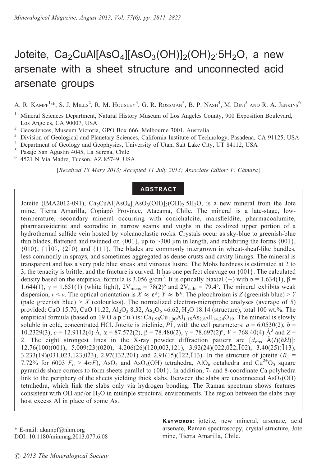 Joteite, Ca2cual[Aso4][Aso3(OH)]2(OH)2·5H2O, a New Arsenate with a Sheet Structure and Unconnected Acid Arsenate Groups