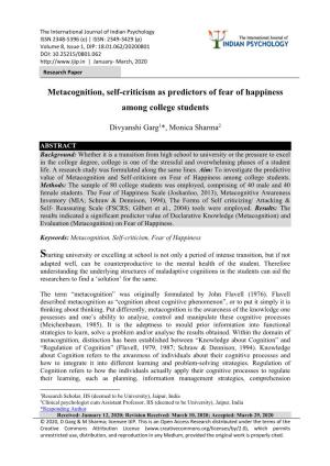 Metacognition, Self-Criticism As Predictors of Fear of Happiness Among College Students