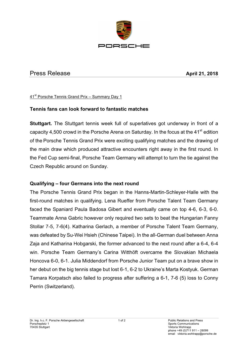 Press Release April 21, 2018